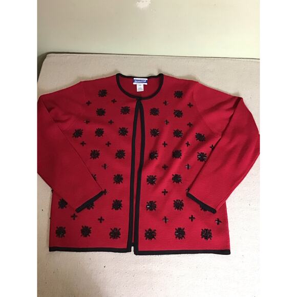Pendleton Women Vintage 2 pcs. Sweater Set Sz. Med. Red Beaded detail black Trim - Picture 6 of 11